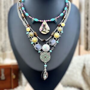 Moonstone Shell Abalone Turquoise Layered Necklace Set Jewelry Lot Festival